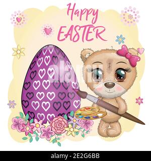 Niedlicher Bär mit Pinsel und verzierten Ei, Phrase Frohe Ostern. Ostereier, Zweige mit Blättern, Blumen, Grußkarte Stock Vektor