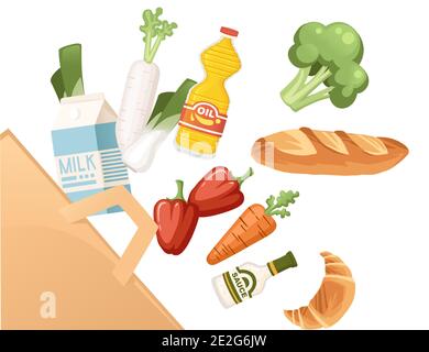 Set von gesunden Lebensmitteln Gemüse und Milchprodukte Bio vegane Lebensmittel Fliegen in Papiertüte abstrakte flache Vektor-Illustration auf weißem Hintergrund. Stock Vektor