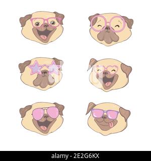 Set von vier niedlichen Cartoon-Pugs tragen Brille. Vektor Hund Illustration auf weißem Hintergrund Stock Vektor