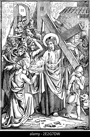 6. Oder 6. Station des Kreuzes oder Kreuzweg oder Via Crucis. Veronica wischt das Gesicht von Jesus.Bible, New Testament.Antique Jahrgang biblischen religiösen Gravur oder Zeichnung. Stock Vektor
