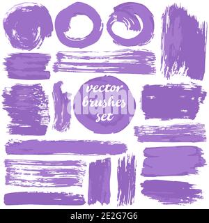 Großer Satz zweifarbiger Striche, Pinsel. Sammlung von schmutzigen Elementen. Violette Farbtöne Stock Vektor