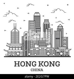 Umrisse Hong Kong China Skyline der Stadt mit modernen Gebäuden isoliert auf Weiss. Vector Illustration. Hong Kong Stadtbild mit Sehenswürdigkeiten. Stock Vektor