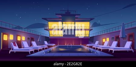 Swimmingpool auf dem Kreuzfahrtschiff in der Nacht, leeres Schiffsdeck mit Sonnenliegen, Sonnenschirmen und Beleuchtung. Luxus Segelboot im Meer oder Meer. Passagierschiff unter Sternenhimmel, Cartoon-Vektor-Illustration Stock Vektor