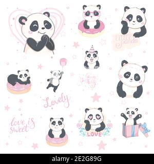 Panda Set Illustration, niedliche handgezeichnete Karten, Broschüren, Einladungen Stock Vektor