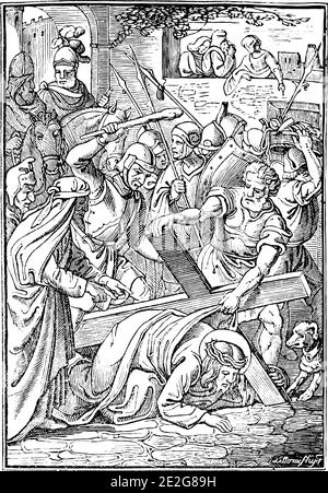 7. Oder 7. Station des Kreuzes oder Kreuzweg oder Via Crucis. Jesus fällt zum zweiten Mal.Bibel, Neues Testament. Antike Vintage biblische religiöse Gravur oder Zeichnung. Stock Vektor