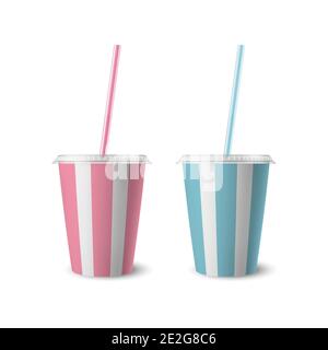 Vector 3d realistische gestreifte weiße Papier Einweg-Becher-Set mit Deckel, Stroh für Getränke, Getränke isoliert. Kaffee, Soda, Tee, Cocktail, Milchshake Stock Vektor
