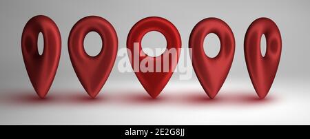 Rote Kartenzeiger werden isoliert auf weißem Hintergrund gesetzt. Konzept der Standortersymbole. GPS 3d Zeiger großes Set. Vektor-3d-Illustration. Stock Vektor