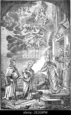 Christliche heilige Reisende begrüßten im Haus gottes. Vintage Gravur oder Linienzeichnung Illustration. Stock Vektor