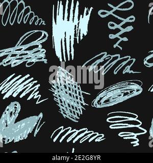 Nahtlose nette Kinderzeichnung. Farbige Wachsmalstifte auf schwarzem Hintergrund. Doodle, Skizze, Umriss. Scribble Stock Vektor