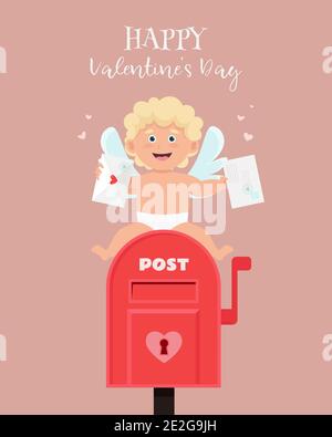 Cute Amor hält Liebe Umschlag, sitzt auf Briefkasten. Amur junge Figur in Cartoon-flachen Stil. Vektorgrafik Stock Vektor