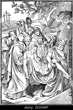 14. Oder 14. Station des Kreuzes oder Kreuzweg oder Via Crucis. Jesus wird in der Tomb.Bible, New Testament.Antique biblischen religiösen Gravur oder Zeichnung gelegt. Stock Vektor