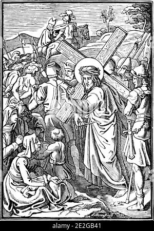 8. Oder 8. Station des Kreuzes oder Kreuzweg oder Via Crucis. Jesus begegnet den Frauen von Jerusalem.Bibel, Neues Testament. Antike Vintage biblische religiöse Gravur oder Zeichnung. Stock Vektor
