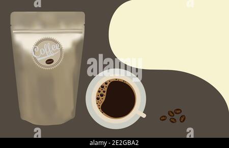 Gold Verpackung Aluminiumfolie Reißverschluss Kaffeebohnen Beutel mit einer Tasse Kaffee auf braunem Hintergrund. Vektorgrafik Produktvorlage Design. Stock Vektor