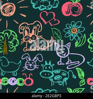 Nahtlose nette Kinderzeichnung. Farbige Wachsmalstifte. Symbole, Schilder, Symbole, Stifte. Tiere, Blumen, Wolken, Apfel Stock Vektor