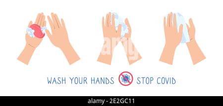 Handseife Waschmethode, Stufen Waschen Cartoon-Set. Infografik zum Stoppen des Coronavirus. Flachdesinfektion Desinfektionsflaschen, antiseptische Gel Sammlung. Isolierte Vektordarstellung Stock Vektor
