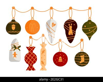 Weihnachtsbaumkugeln Dekorationen Set. Flache Cartoon Weihnachten Spielzeug, Urlaub Ornamente Eiszapfen, Süßigkeiten Kugel. Konzept Feier Neujahr. Retro-farbenes Weihnachtsbaumdekor. Isoliert auf weißer Vektorgrafik Stock Vektor