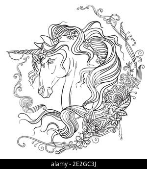 Hand Zeichnung isoliert Einhorn mit langen Mähne und florale Komposition. Tangle Stil für Erwachsene Malbuch, Tattoo, T-Shirt-Design, Logo. Stilisierte Abb. Stock Vektor