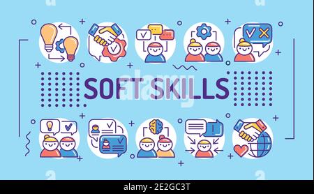 Soft Skills Wortschrift Typografie. Infografiken mit linearen Symbolen auf blauem Hintergrund. Kreative Idee Konzept. Isolierte Farbdarstellung der Kontur Stock Vektor