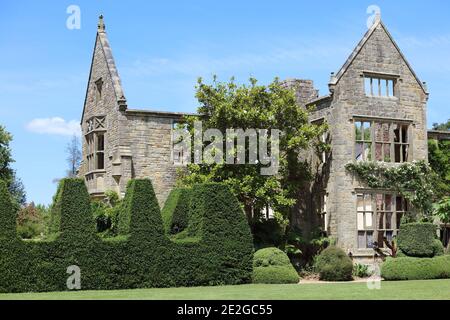 Nymans Haus mit einer Eibe Hecke in topiary geformt gesehen. Stockfoto