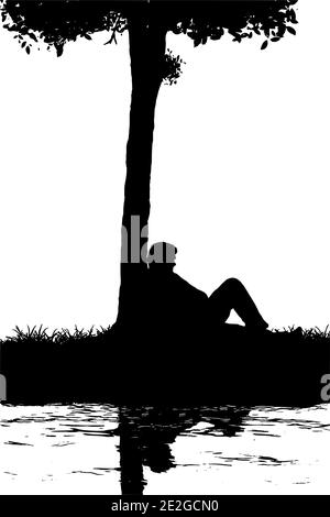 Mann sitzt unter einem Baum mit Reflexion im Wasser, Vektor-Illustration Stock Vektor