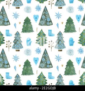 Aquarell Weihnachtsmuster, Weihnachtsbaum, Texturen, floral. Nahtloses Muster handbemalt Winter Folk Elemente auf weißem Hintergrund Stockfoto