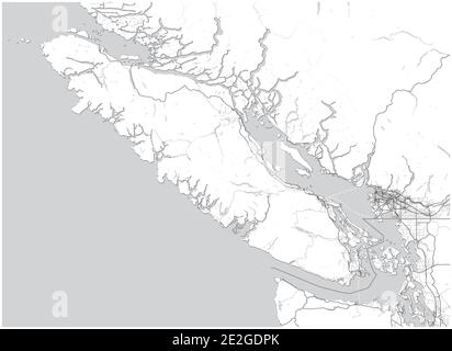 Vancouver Island Karte mit Greater Vancouver, British Columbia, Kanada und Teilen des Staates Washington, USA. Einfache Graustufenkarte ohne Text Stock Vektor