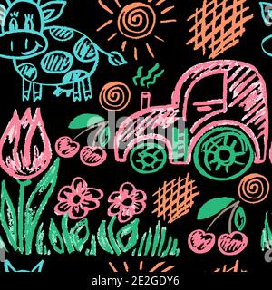 Nahtlose Kinderzeichnung. Farbige Wachsmalstifte auf schwarzem Hintergrund. Symbole, Schilder, Symbole, Stifte. Traktor, Kuh, Blumen, Kirsche Stock Vektor