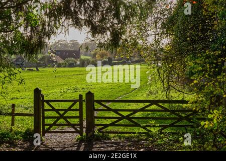 Fußweg durch Feld und Tor mit fünf Balken (in Silhouette). Eartham bei Chichester, West Sussex, England Stockfoto