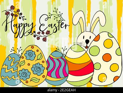 Osterdarstellung. Weihnachtskarte, Verpackung. Osterhase. Osterposter, Banner, Flyer, Promotion, Verkauf. Frohe Ostern Stock Vektor