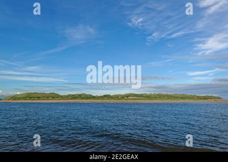 Der nördliche Punkt von Forvie Sands und die Ythan Mündung mit einer Seal Colony am Sandstrand unterhalb der Grass Covered Dunes. Stockfoto