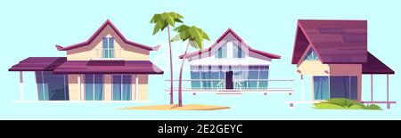 Sommerhäuser, Bungalows am Meeresstrand, tropische Hotelarchitektur und Palmen. Vector Cartoon Set von modernen Villen für Urlaub und Resort auf exotischen Insel im Meer isoliert auf blauem Hintergrund Stock Vektor