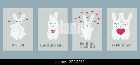 Set von Karten mit niedlichen Hasen oder Kaninchen für Valentinstag. Auf blauem Hintergrund. Festtagsvalentine. Vektor-Illustration im Doodle-Stil Handzeichnung Stock Vektor
