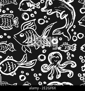 Nahtlose nette Kinderzeichnung. Schwarz und Weiß. Symbole, Schilder, Symbole, Stifte. Seeelemente. Fisch, Delphin, Krake Stock Vektor