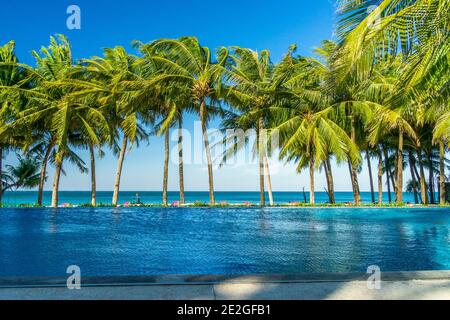 Liegestühle und Sonnenschirm in Palmenstrand - tropisches Urlaubsbanner. Weißer Sand und Kokopalmen reisen Tourismus breites Panorama Hintergrund Konzept und Schaukel unter Stockfoto