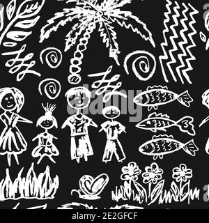 Nahtlose nette Kinderzeichnung. Schwarz und Weiß. Symbole, Schilder, Symbole, Stifte. Familienurlaub. Palma, Familie, Fisch, Blumen Stock Vektor