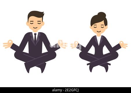 Cartoon Geschäftsmann und Frau in formellen Anzügen meditieren in Lotus Pose. Isolierte Vektor-Clip Art-Illustration. Stock Vektor