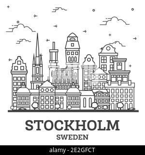 Umrisse Stockholm Schweden Skyline der Stadt mit historischen Gebäuden isoliert auf Weiss. Vector Illustration. Stockholm Stadtbild mit Sehenswürdigkeiten. Stock Vektor