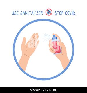 Poster Hände hält antibakterielle, antivirale Spray, Cartoon-Linie und Glyph-Stil. Symbol Stopp Coronavirus. Flach waschen Hände, antibakteriell verwenden Sanitär antiseptisch. Vektorgrafik Stock Vektor