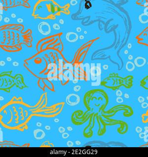 Nahtlose nette Kinderzeichnung. Wachsmalstifte. Symbole, Schilder, Symbole, Stifte. Seeelemente. Fisch, Delphin Stock Vektor