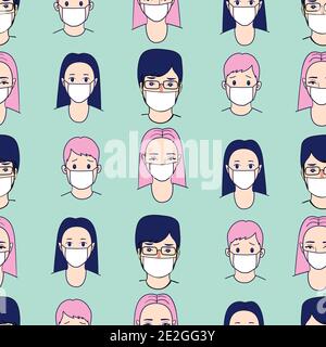 Coronavirus in China. Novel Coronavirus (2019-nCoV), Menschen in weißen medizinischen Gesichtsmaske. Konzept der Coronavirus Quarantäne Vektor Illustration Muster. Stock Vektor