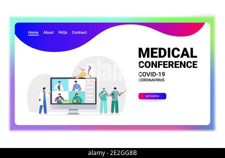 Team von Ärzten mit Video-Konferenz-Mix Rennen medizinischen Spezialisten Diskussion während der virtuellen Sitzung Medizin Gesundheitswesen Konzept horizontale volle Länge vektorgrafik Stock Vektor