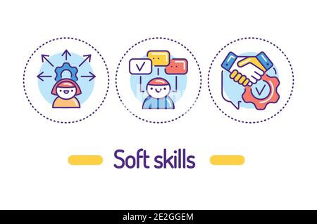 Soft Skills skizzieren Konzept. Menschliche Fähigkeiten Linienfarbe Symbole. Piktogramme für Webseite, mobile App, Promo. Stock Vektor