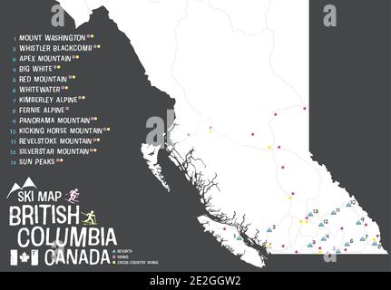 Skikarte von British Columbia, Kanada. BC Karte mit Symbolen für Wintergebiete, Skifahren und Langlaufen. Winter Tourist Ski Guide oder Informationen. Stock Vektor