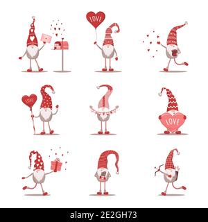 Valentines Gnome in rotem Hut. Schöne skandinavische Elfe isoliert auf weißem Hintergrund. Niedliche festliche Elemente von 14 februar. Vektorgrafik in flacher Form Stock Vektor