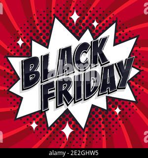 Black Friday Sale Comic-Stil Banner. Schwarze Freitagsbeschriftung auf weißem und rotem Hintergrund. Pop-Art Comics Stil Web-Banner, Flash-Animation. Vektor i Stock Vektor
