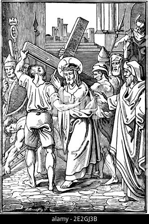 2. Oder 2. Station des Kreuzes oder Kreuzweg oder Via Crucis. Jesus trägt sein Kreuz.Bibel, Neues Testament. Antike Vintage biblische religiöse Gravur oder Zeichnung. Stock Vektor