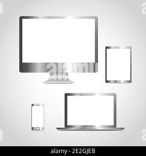 Set von realistischen Computer-Monitor, Laptop, Tablet und Handy mit isoliert auf transparentem Bildschirm. Verschiedene moderne elektronische Gadget auf Hintergrund Stock Vektor