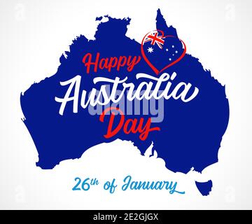 Happy Australia Day Kalligraphie und Herz mit Nationalflagge. Australischer Feiertag, Vektor-Illustration für Januar 26 Lettering Grußkarte Stock Vektor