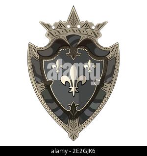 Mittelalterlicher Wappentier Schild mit Krone und Wappentier Lilie Stock Vektor