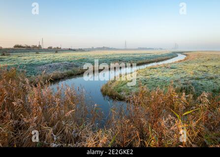 Marschland an der North Kent Coast bei Seasalter mit dem Umspannwerk London Array im Hintergrund. Stockfoto